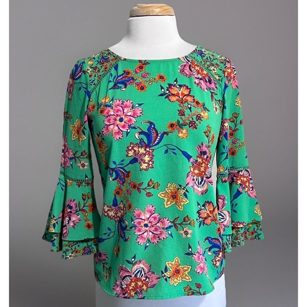 Fig and Flower Blouse Womens Petite Small Lime Green Jacobean Boho Peasant Top